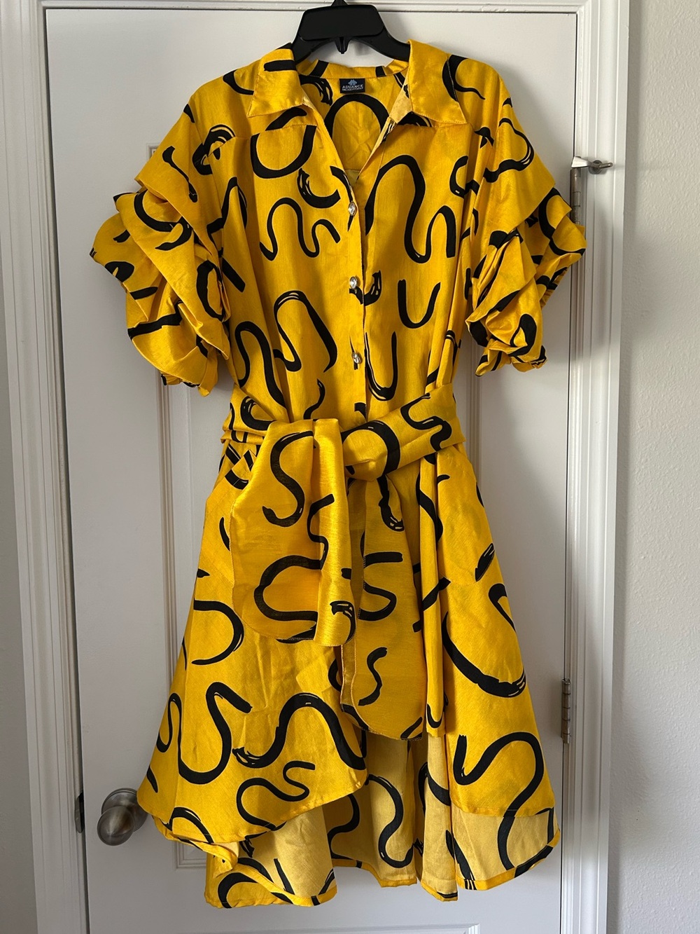 Advance Abstract Print Layered Puff Sleeve Button Dress Tie Waist High Low Hem